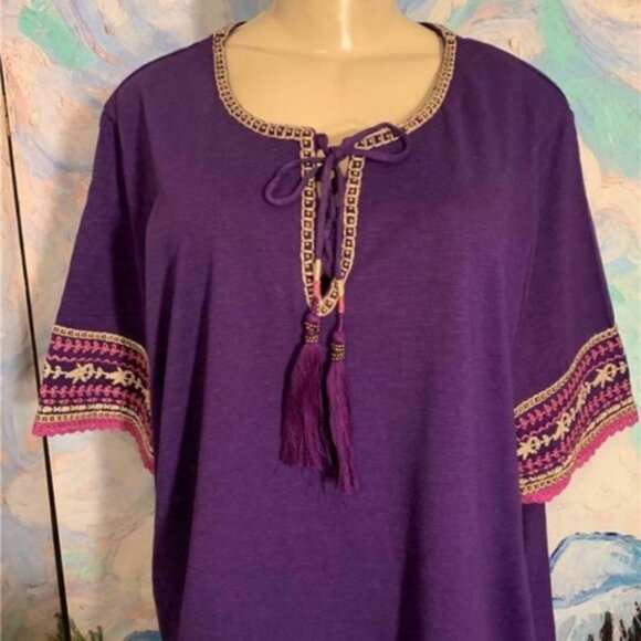 Roaman's 2X Purple Crochet Trim Lace-Up Tassel Top - Picture 2 of 6